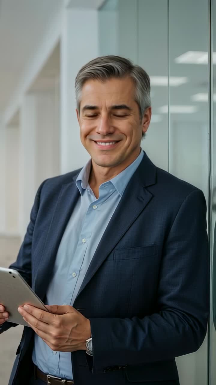 Vertical video: Leaning businessman shifting focus and grinning in office hallway, with tablet
