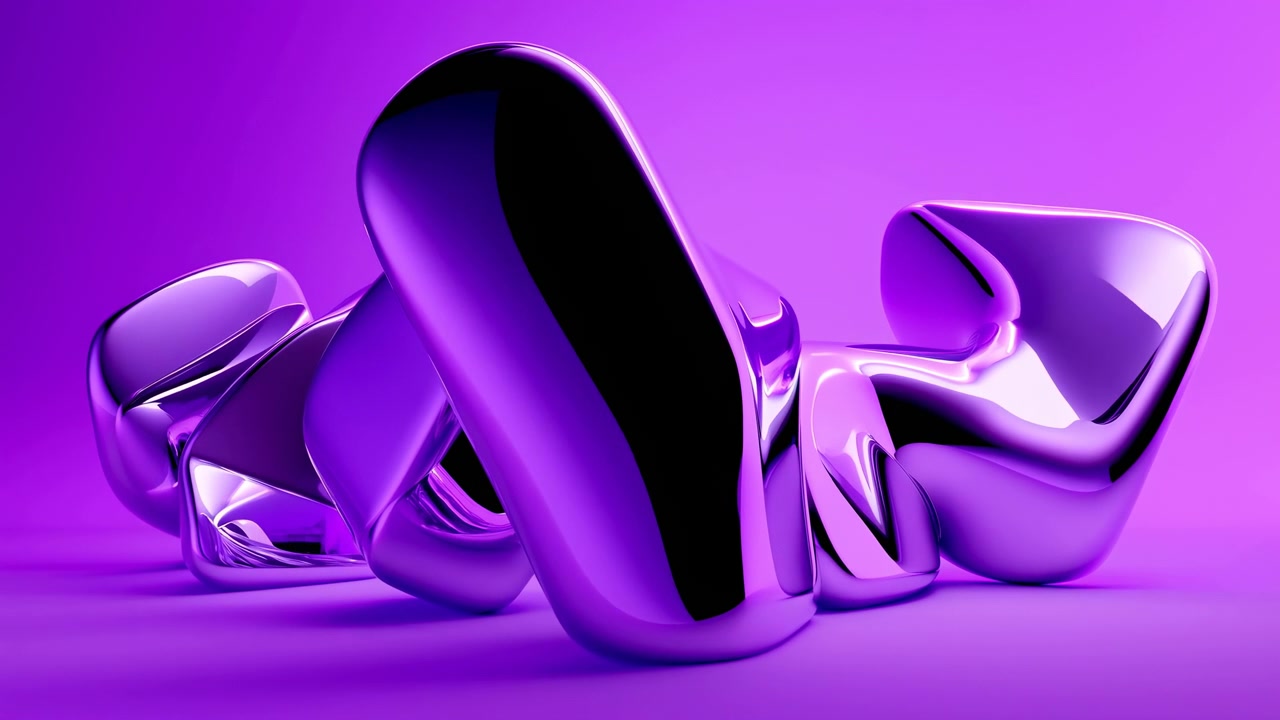Shiny Purple Chrome Abstract Forms On Gradient Backdrop, Reflective Surfaces With Fluid Contours And Highgloss