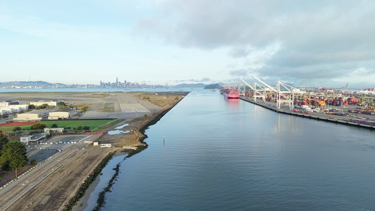 A zoom out aerial view of the Oakland Inner Harbor between the Port of Oakland and Alameda Point.