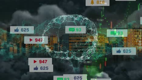 Animation-Von-Benachrichtigungen-In-Sozialen-Netzwerken-Und-Rotierendem-Gehirn-über-Grafiken-Und-Stadtlandschaft