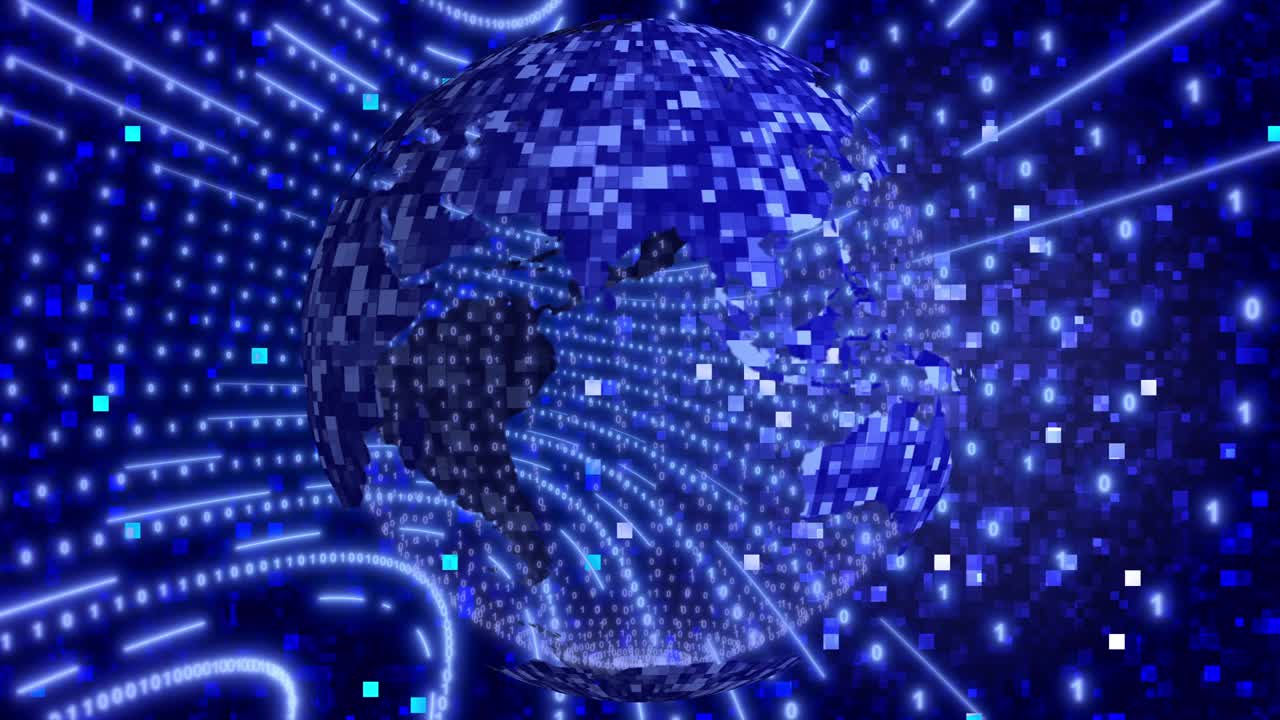 Neon Digital binary background with rotating Planet earth. Seamless loop 4k animation for network, digital event