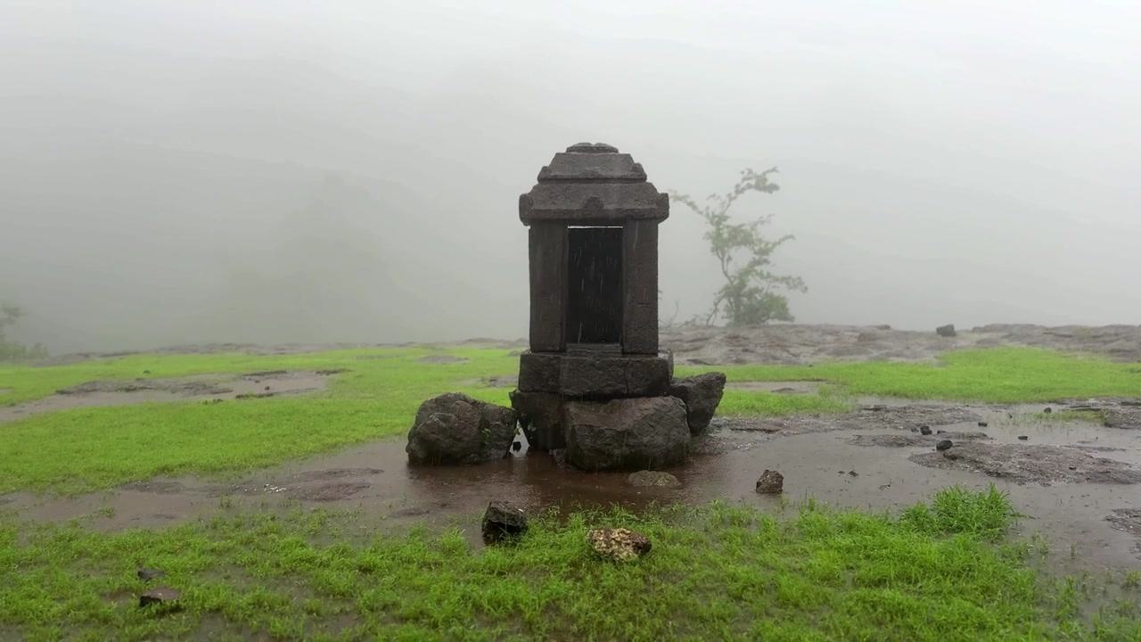 Resti storici dell'Impero Maratha sul Forte di Siddhagad, Maharashtra, tra le montagne Sahyadri.