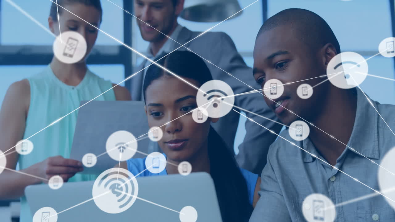 Collaborating on laptops, diverse team using network connection animation in office