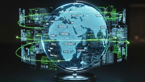 A High-Tech Digital Globe Displaying Real-Time Data and Connections Between Major Global Cities with Futuristic Graphics and Dynamic Information Flow