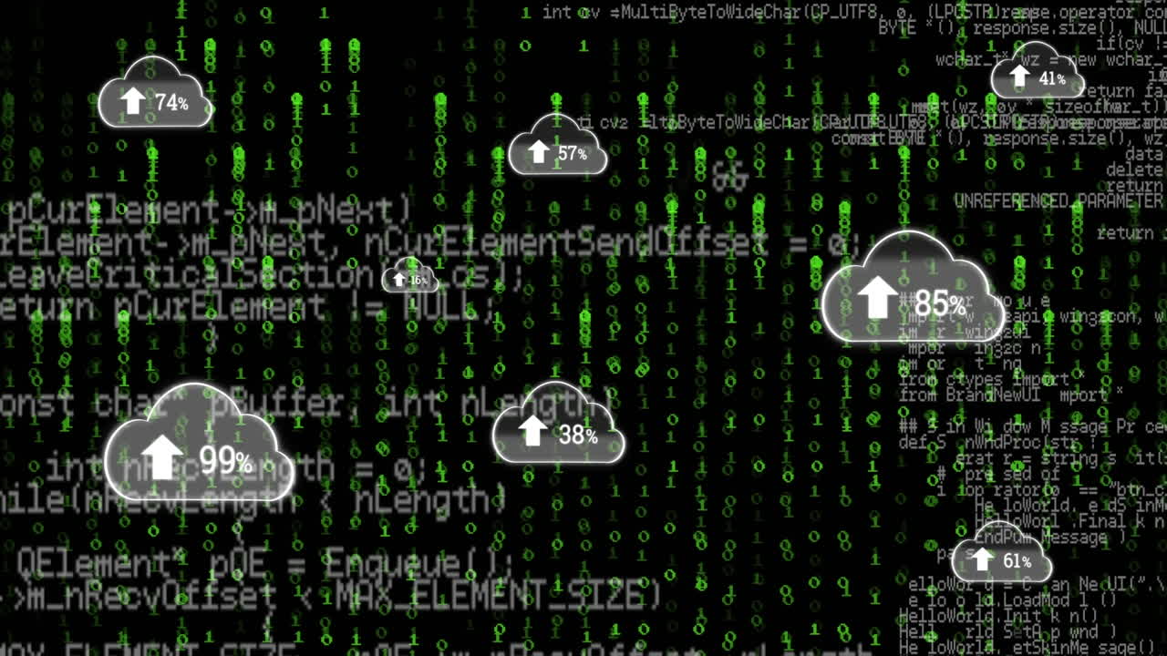 Animation of online digital clouds with percent going up, binary coding and data processing