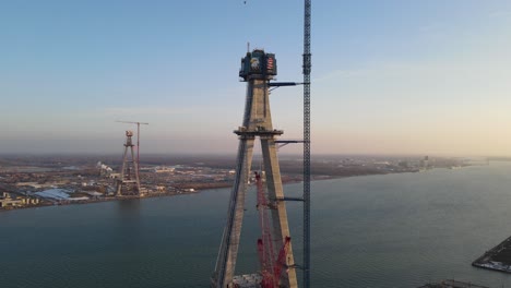 new gordie howe international bridge under construction, aerial drone view