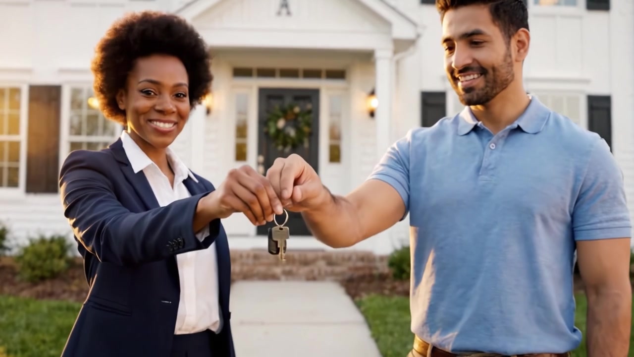 Due persone sorridenti che conversano davanti a un'incantevole casa, raffigurando un momento di connessione e positività in un contesto immobiliare.