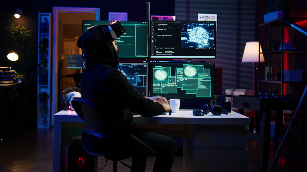 Hacker using virtual reality headset to code malware