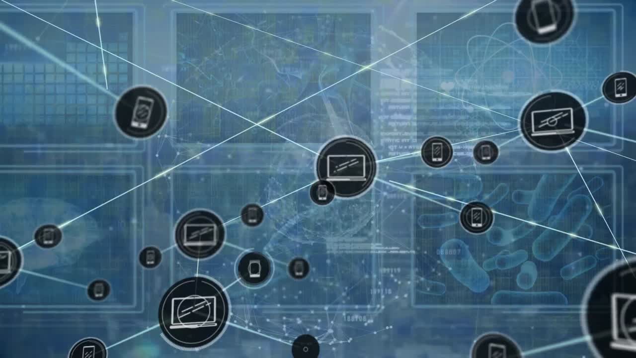iconos animados de computadoras y teléfonos móviles que se conectan con líneas contra datos científicos con globo