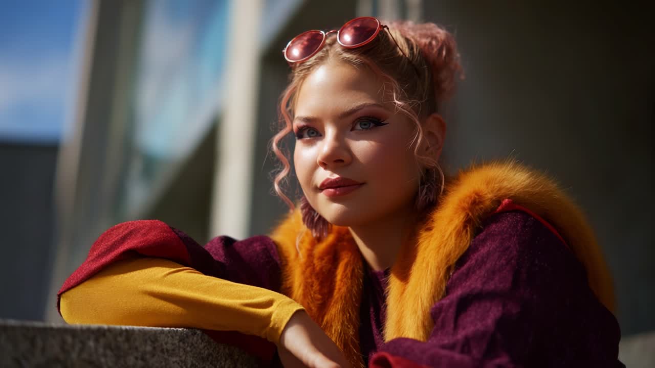 Giovane donna alla moda con abbigliamento elegante e occhiali da sole, che posa con sicurezza in un ambiente esterno vivace, mettendo in mostra un mix di colori e texture nel suo look