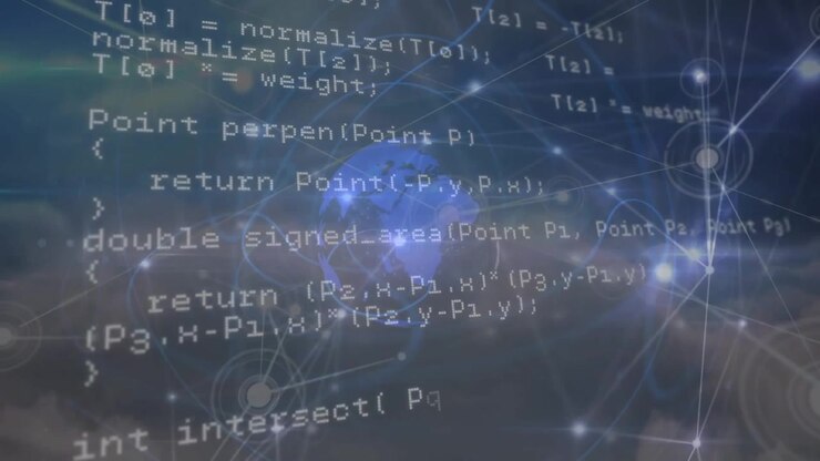 Animation of programming language over connected dots, lens flare against cloudscape