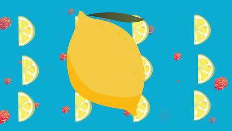 animación de limón moviéndose sobre rebanadas de limón y rosas en fondo azul