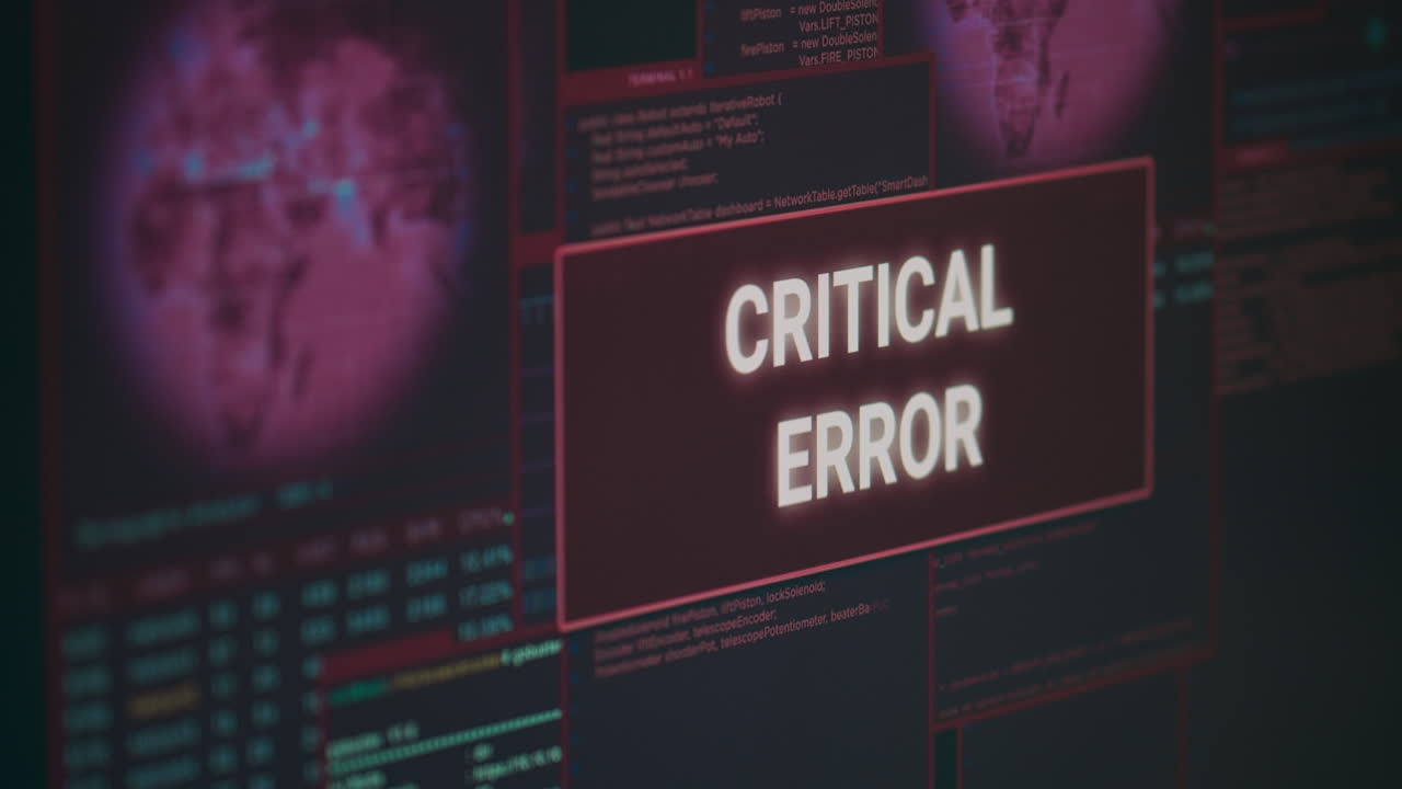 Computer showing hacking alert and critical error message flashing on screen