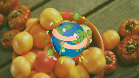 animación de brazos envueltos alrededor del planeta tierra sobre tomates frescos