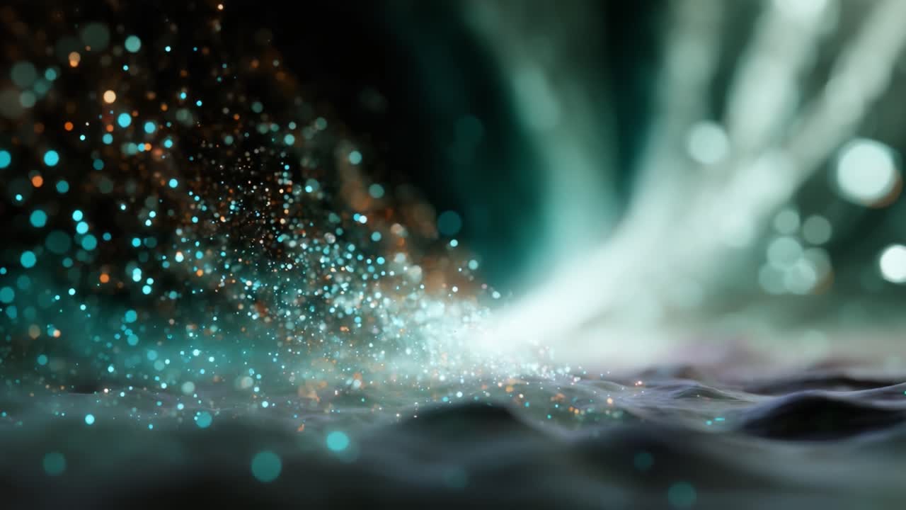 Onde di luce incantevoli: Una rappresentazione affascinante di particelle scintillanti che danzano in acqua luminescente, mostrando la bellezza del movimento e i colori vivaci