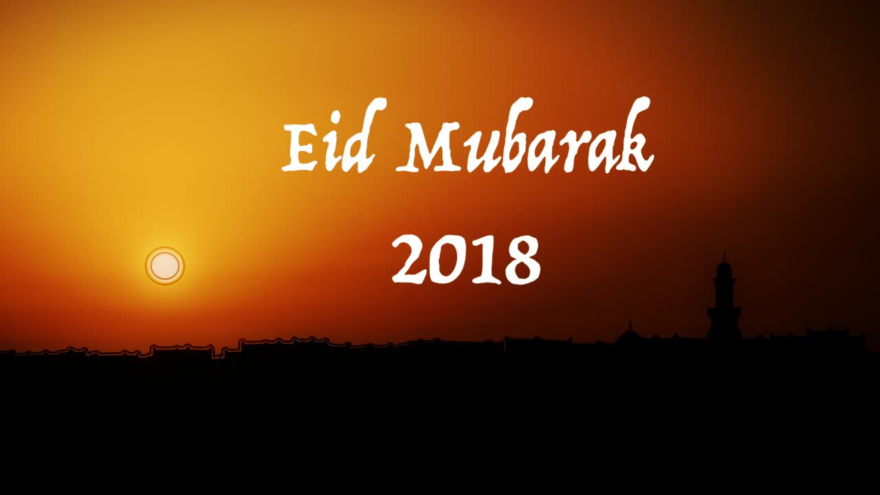 Eid Mubarak 2018. Mosque with Sunset in Black over Orange background.