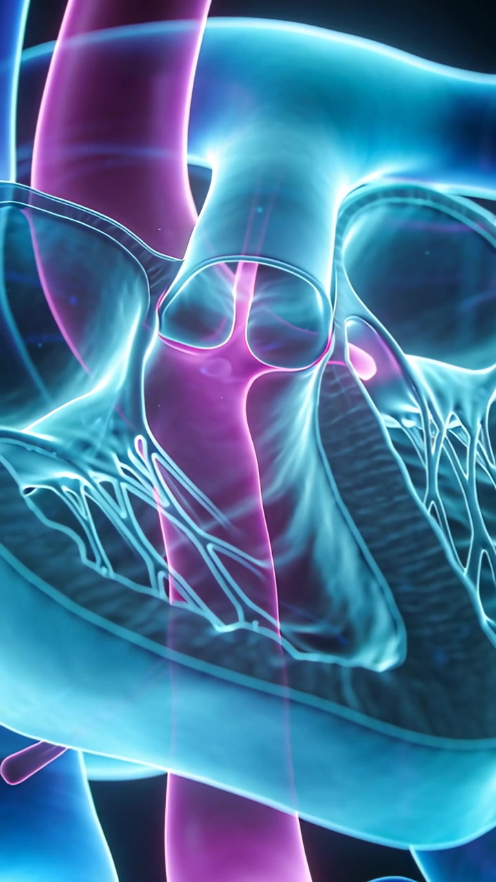 Vertical video: Camera pulling back revealing semilunar valve and magenta flow in cardiac animation