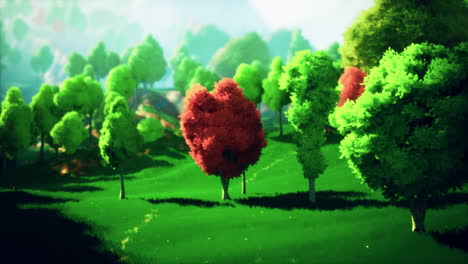 colorido bosque de dibujos animados al atardecer