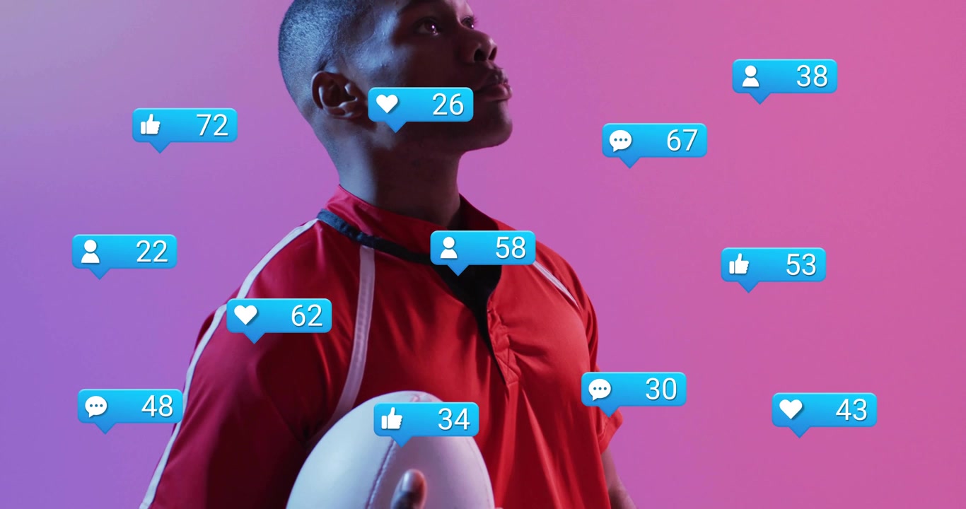 Männlicher Athlet betritt einen Farbverlauf, hält einen Rugbyball und steigert Social-Media-Metriken sowie das Engagement.