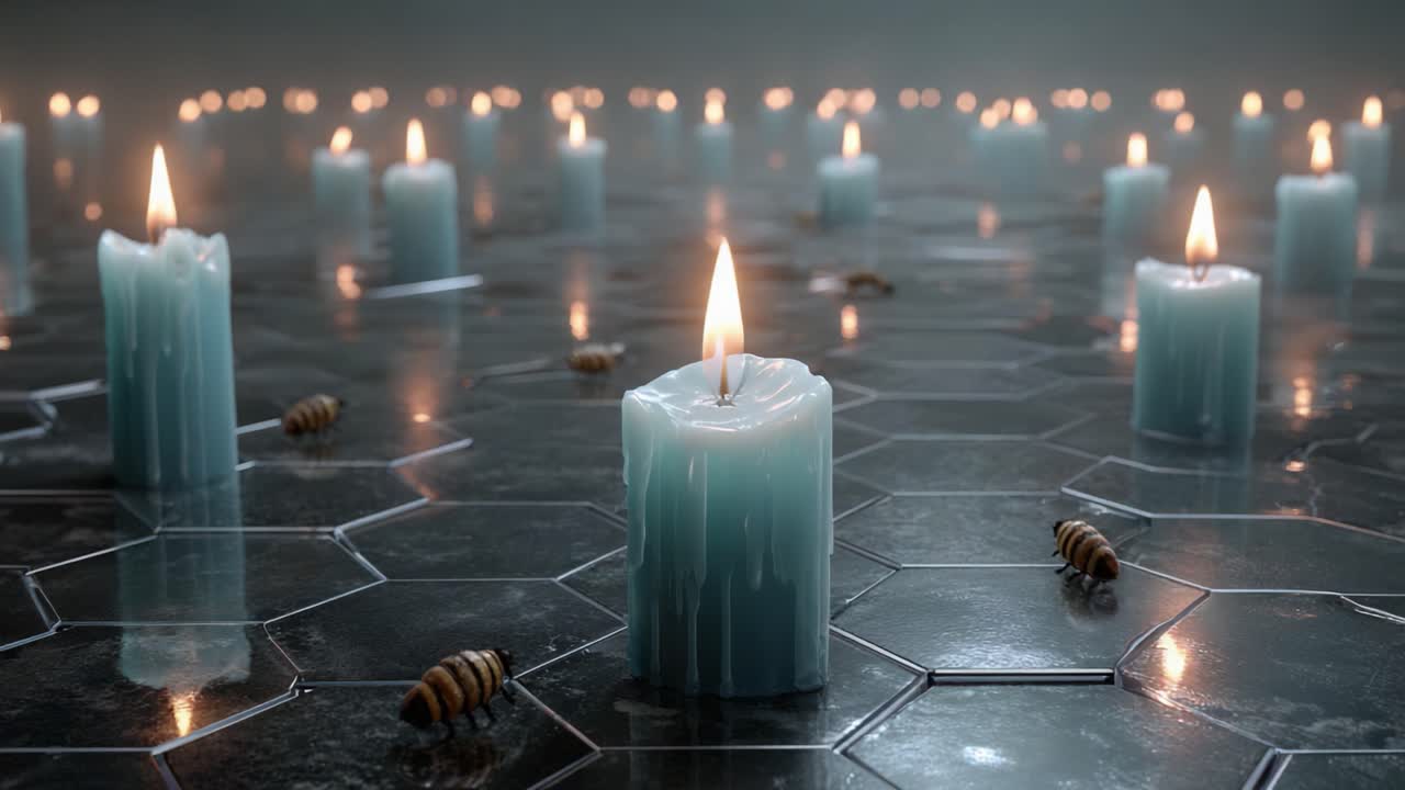 A Serene Contrast: Illuminated Candles and Bees Create an Enchanting Atmosphere in a Mystical Hexagonal Environment