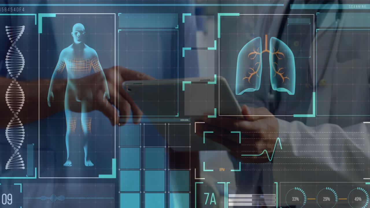 Digital interface with medical data processing against mid section of doctor using digital tablet