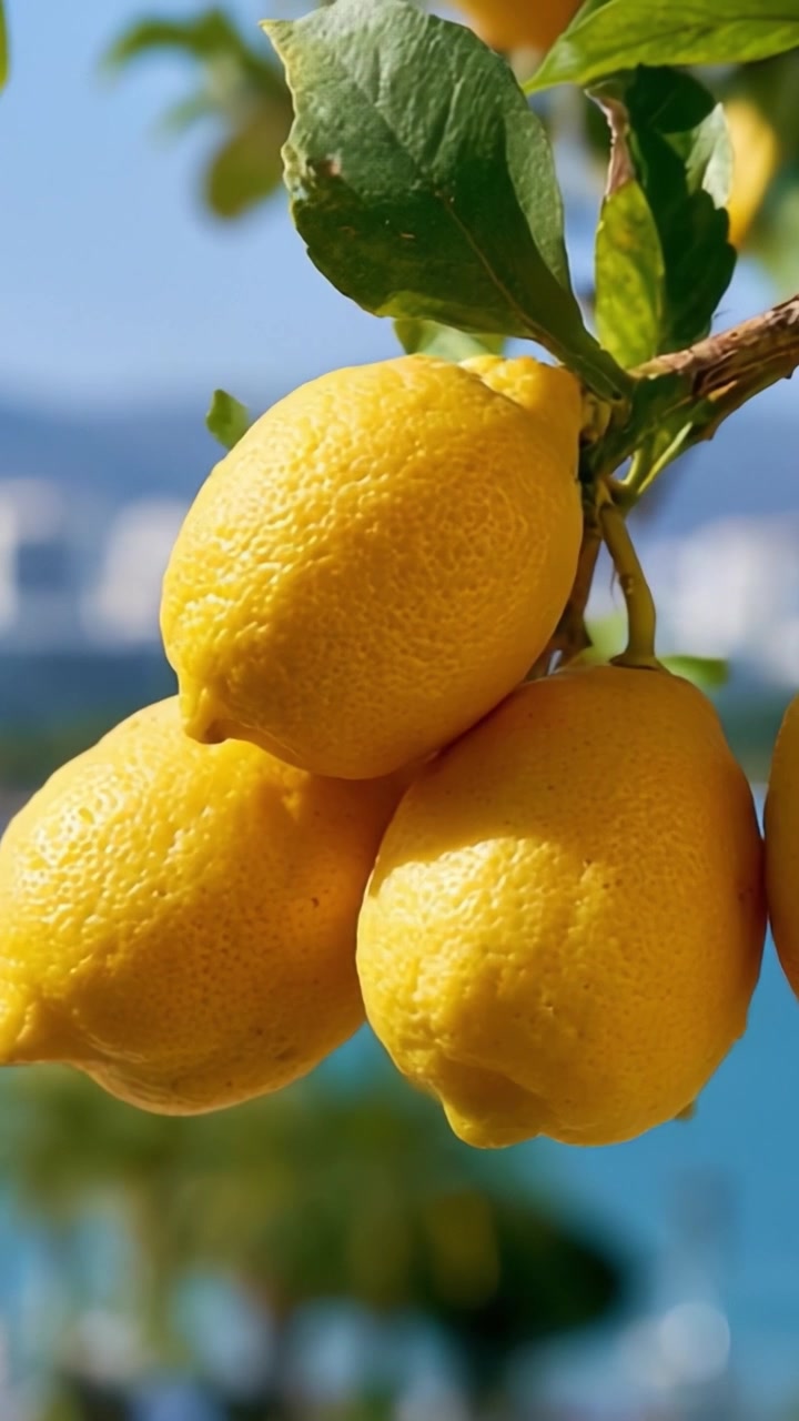 Limoni giallo vibrante appesi a un ramo su uno splendido sfondo costiero: una vista ravvicinata della freschezza agrumata.