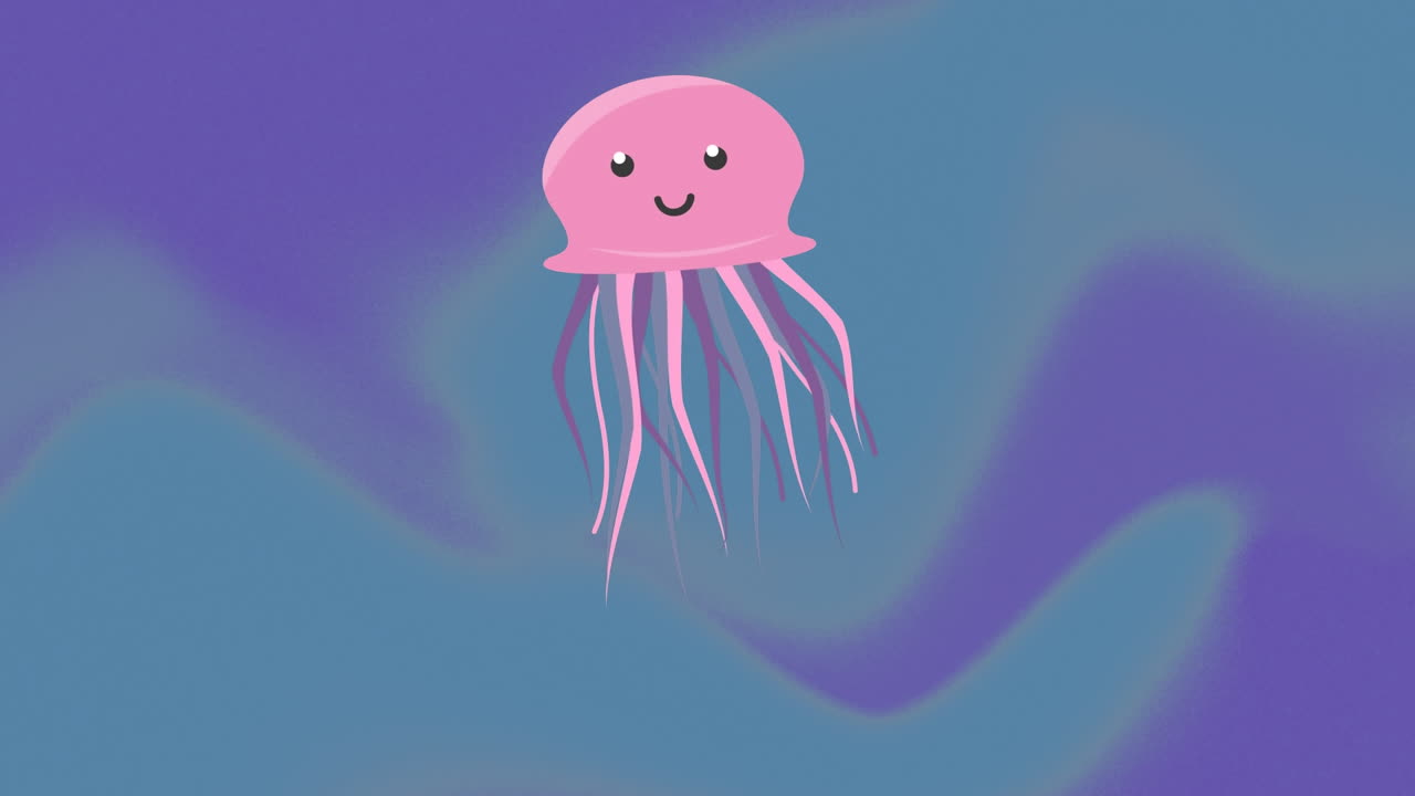 Animation of pink jellyfish moving against blue and purple background