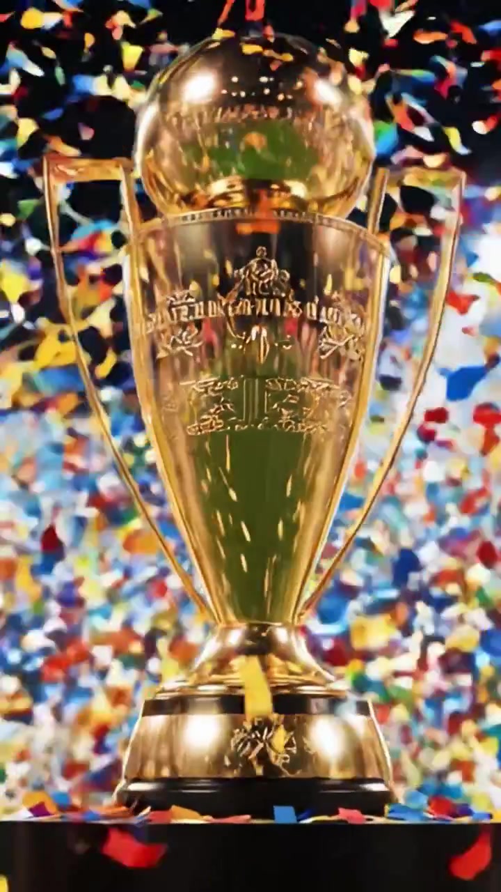 Celebrazione della Vittoria: Uno Splendido Trofeo d'Oro Circondato da Coriandoli e Tifosi Entusiasti in un'Atmosfera Festosa Dopo un Grande Evento Sportivo