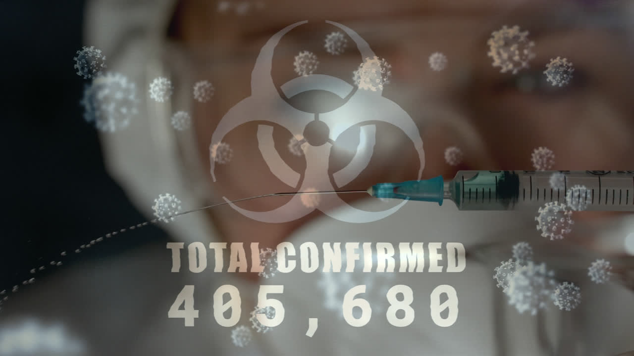 총 확정된 숫자가 주사기를 들고 있는 의사에게 상승하는 위험 표시