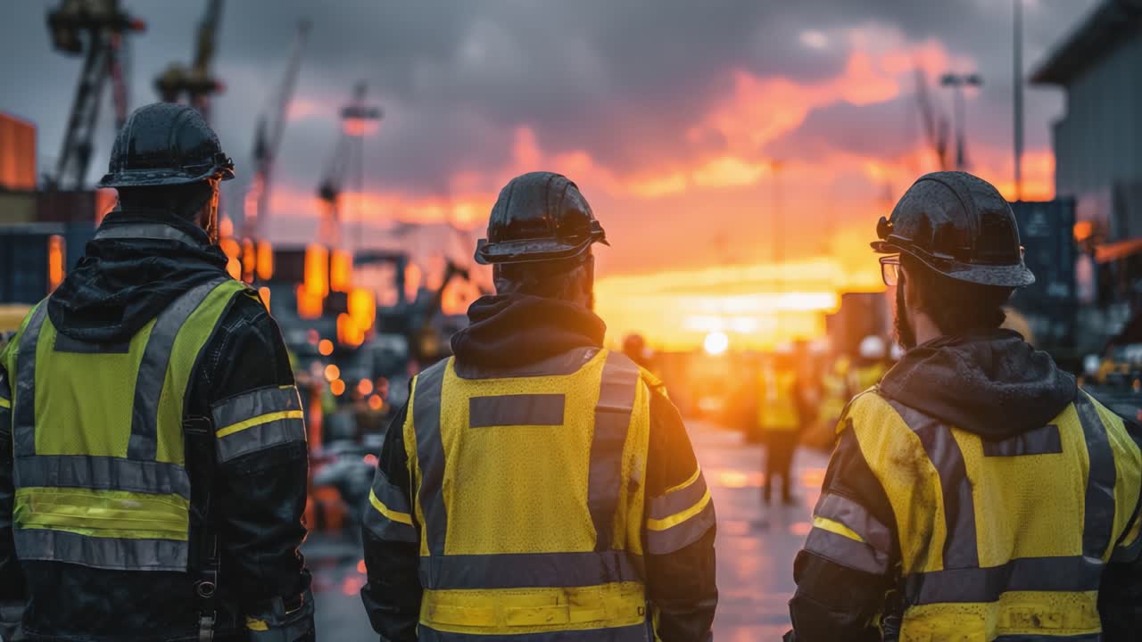 Workers Gazing at a Vibrant Sunset in an Industrial Setting, Highlighting Team Spirit and Commitment to Safety in a Dynamic Work Environment