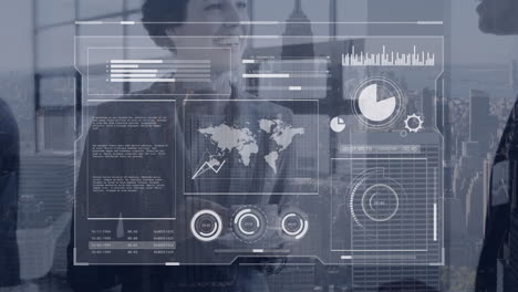 animation of financial data processing over diverse group of business people