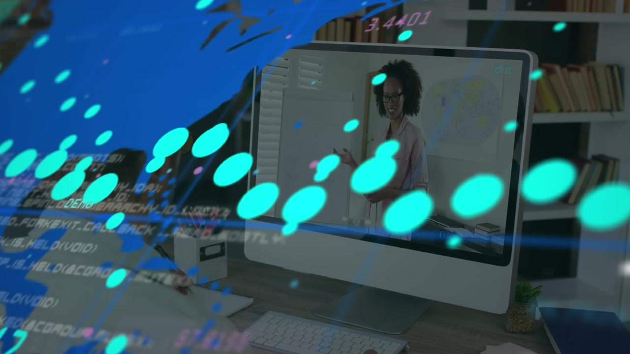 Animation of data, world map and numbers over african american woman on computer video call