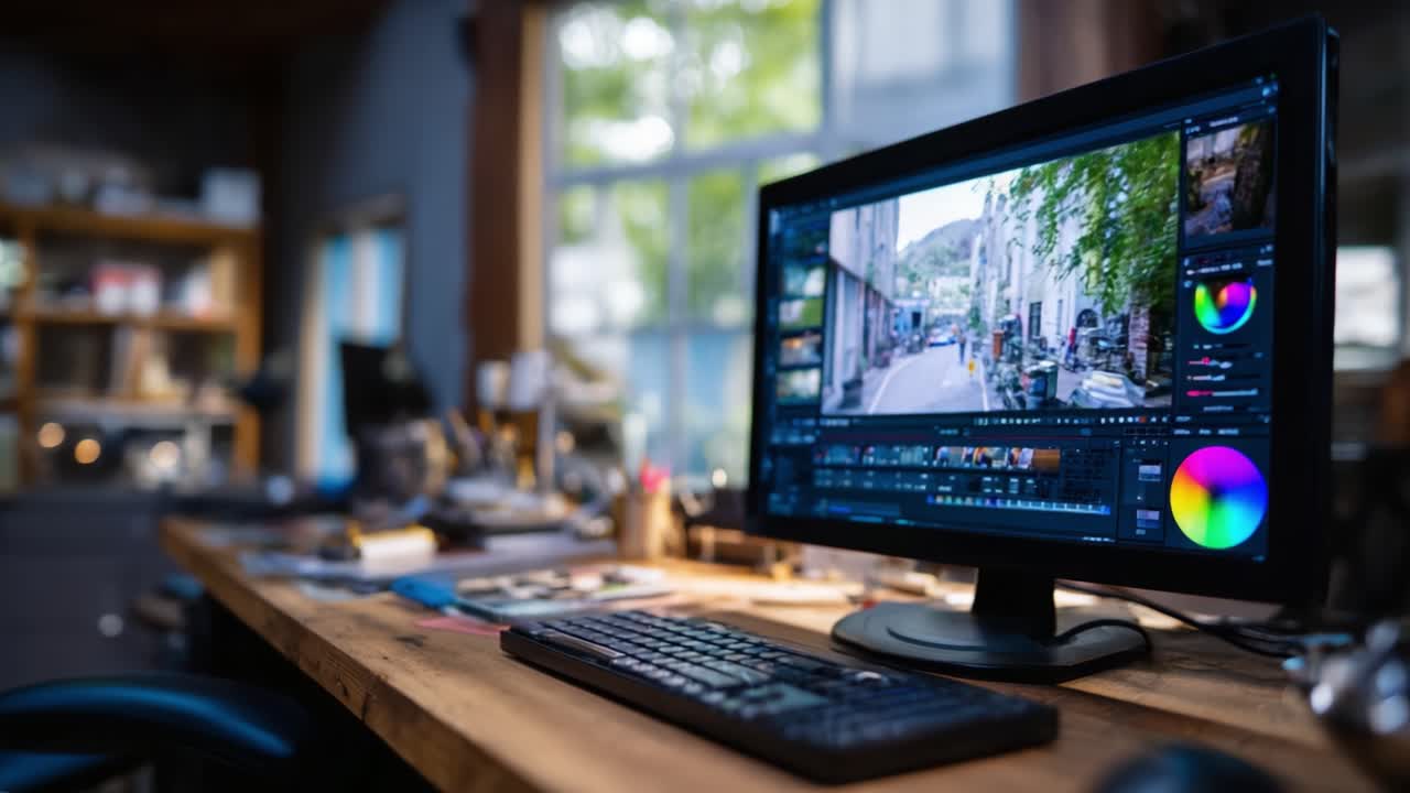 Area di lavoro digitale: Un moderno computer mostra un software di editor di video con una scena di paesaggio vivace, creando un ambiente stimolante e produttivo per i creativi