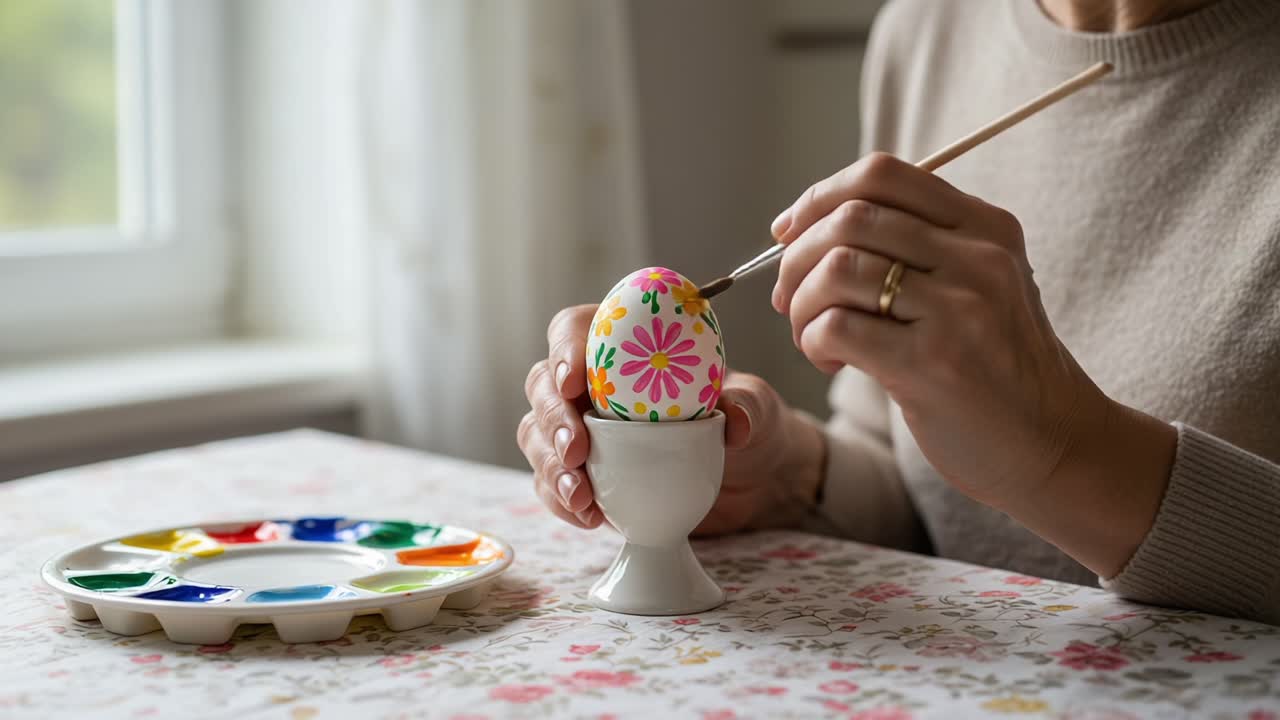 A Creative Moment: Painting a Beautifully Decorated Easter Egg with Vibrant Colors and Floral Patterns on a Serene Table Setting