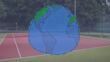 animating globe over tennis court with trees in background