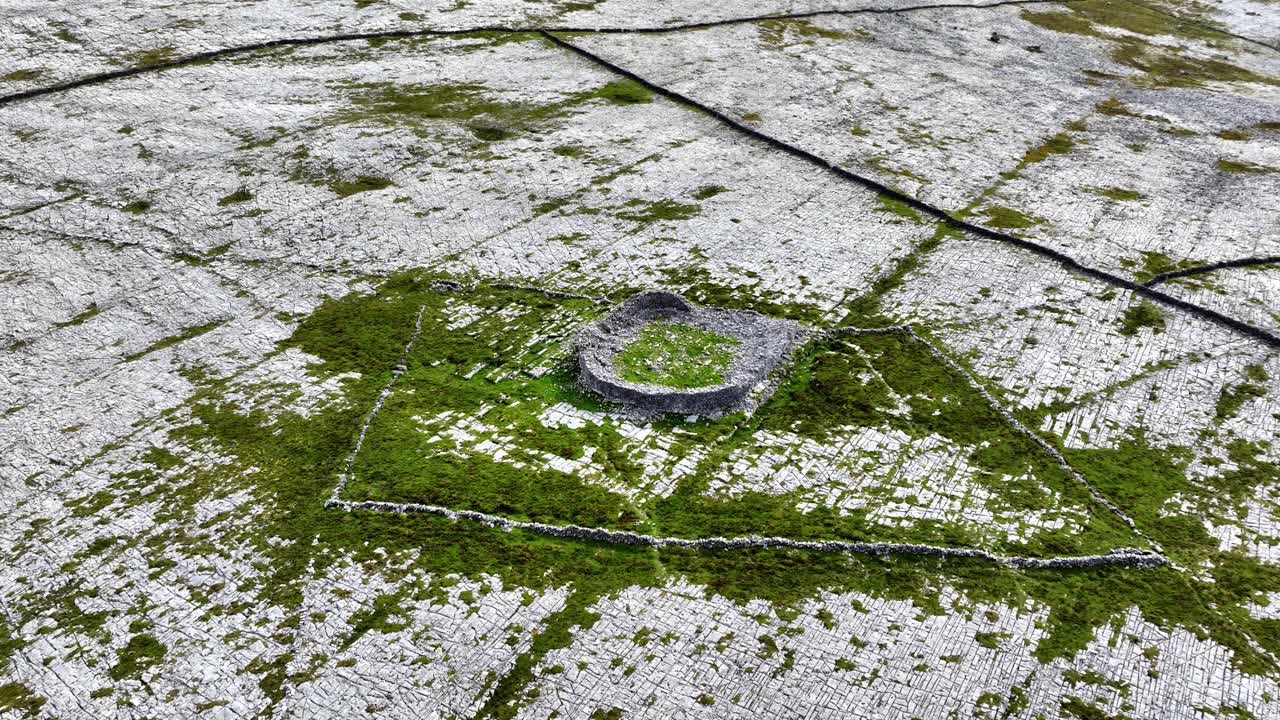 Ireland Epic Locations Caerdoonish Ring Fort aerial shot high in The Burren Clare ancient historic site on The Wild Atlantic Way