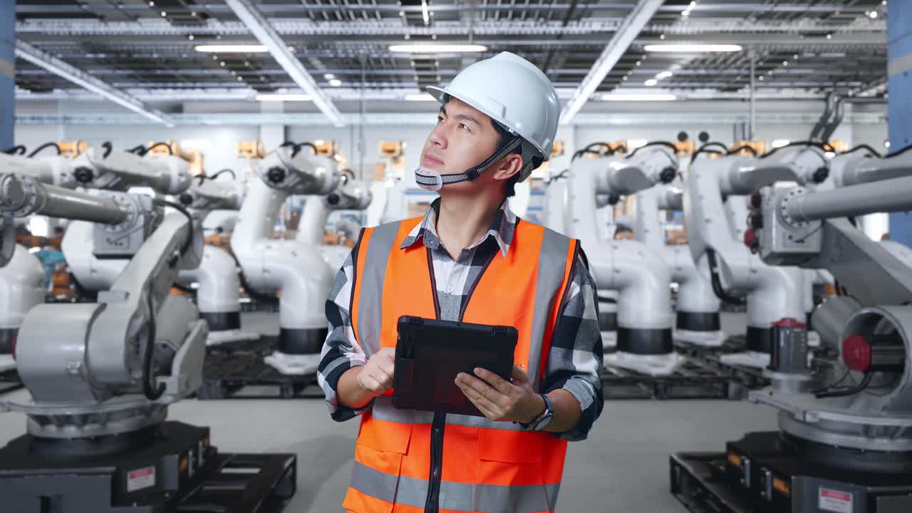 Engineer Inspecting Industrial Robots