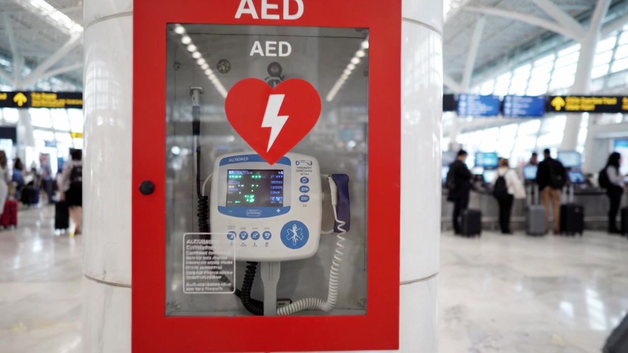 Automatisk Ekstern Defibrillator (AED) station i lufthavnen: Essentielt livreddende udstyr til nødsituationer og øjeblikkelig medicinsk assistance til rejsende.