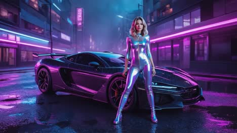 futuristic woman and sports car in a neon city night