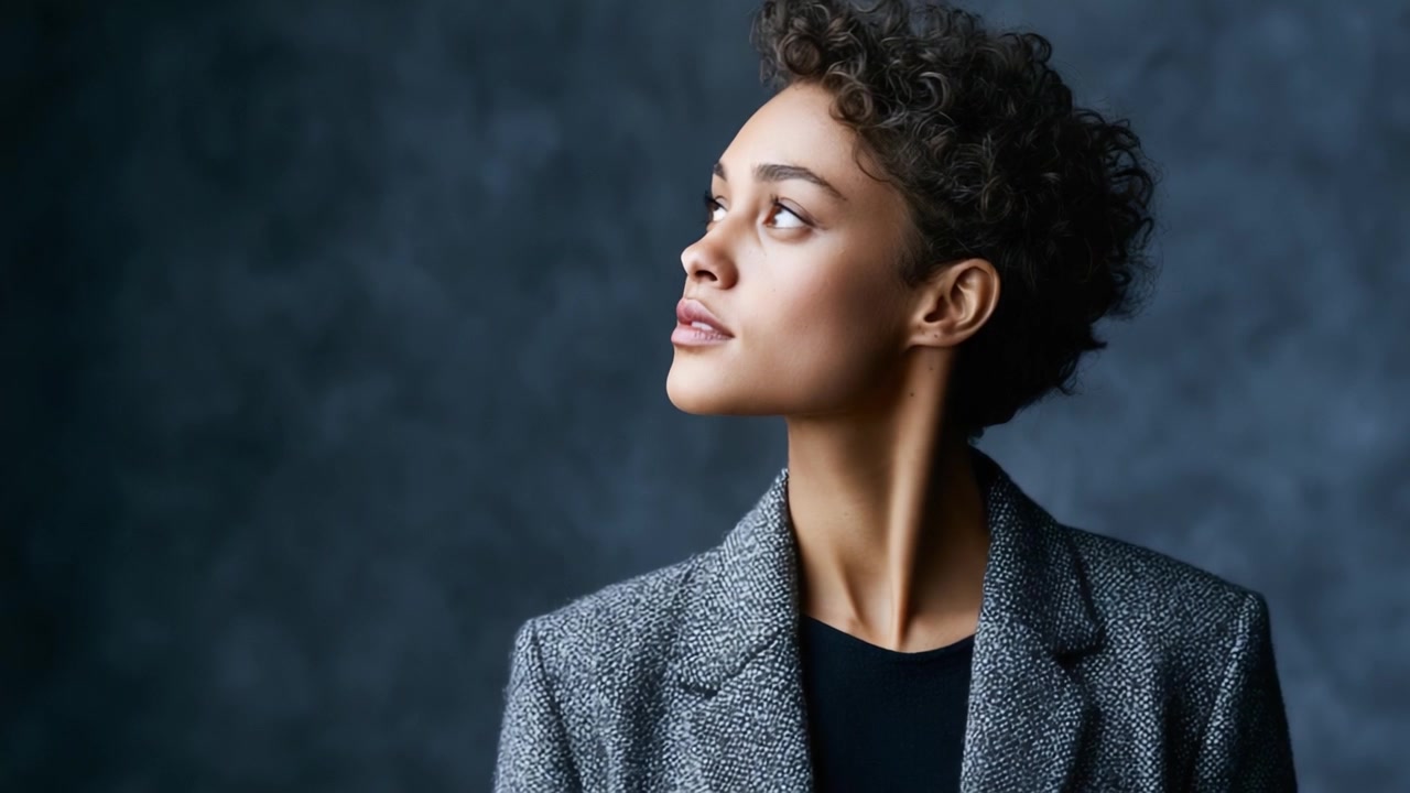 Portrait captivant d'une femme pensive aux cheveux bouclés, vêtue d'un blazer élégant, sur un fond dramatique, mettant en valeur l'élégance et la confiance.