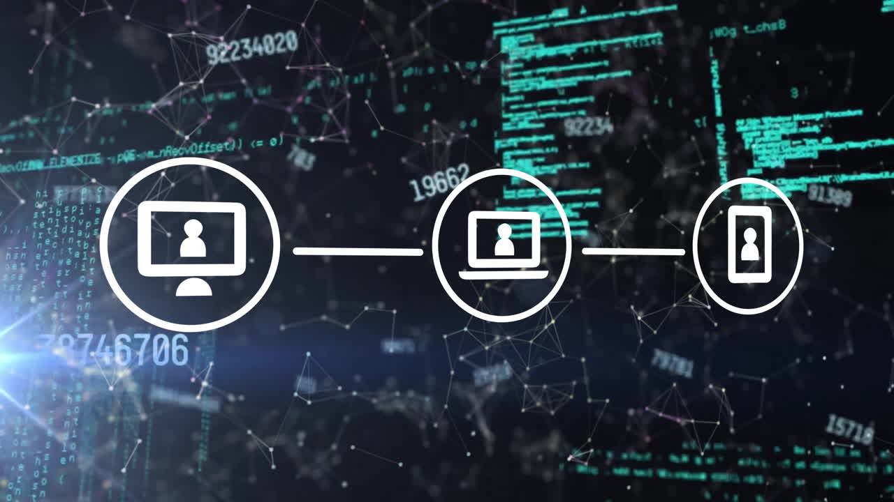Animation of network of connections with icons over data processing