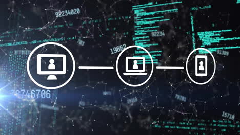 animation of network of connections with icons over data processing