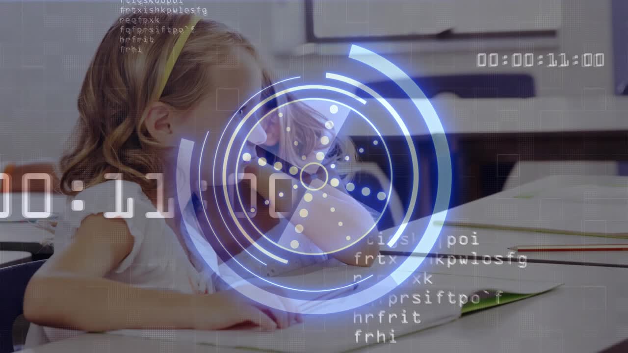 Two pupils writing in class, girl on right tapping notebook and guiding digital overlay scanning