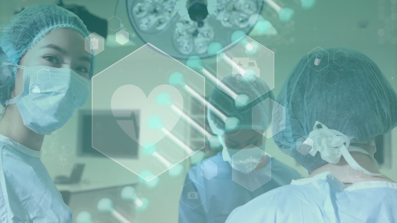 의료 아이콘과 dna 구조가 의사 그룹에 대해 움직이고 있습니다.