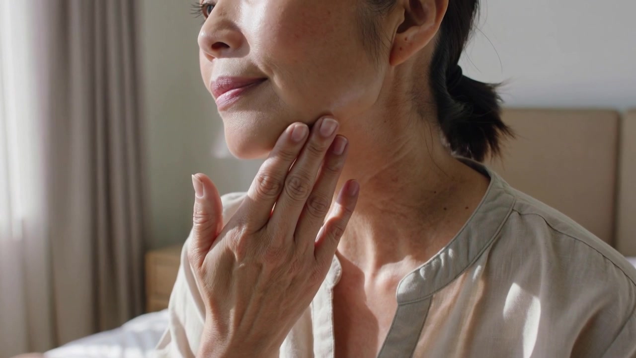 Una donna asiatica di mezza età, in camicetta beige, solleva la mano e si massaggia la mascella e il collo sul letto, per la sua routine di cura della pelle.