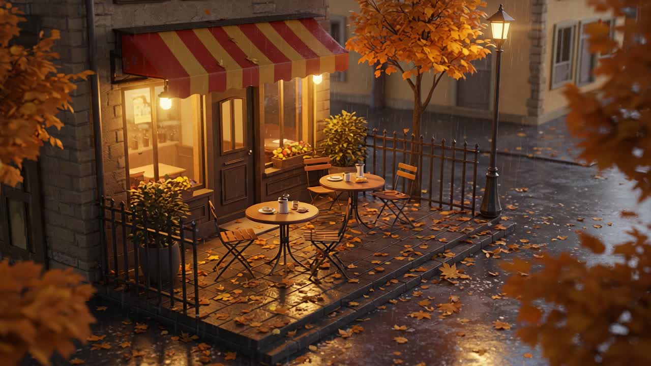 Suggestiva scena di un caffè autunnale con tavoli e sedie accoglienti sotto un tendone festoso, circondato da colorate foglie autunnali e luci soffuse in un'atmosfera piovosa
