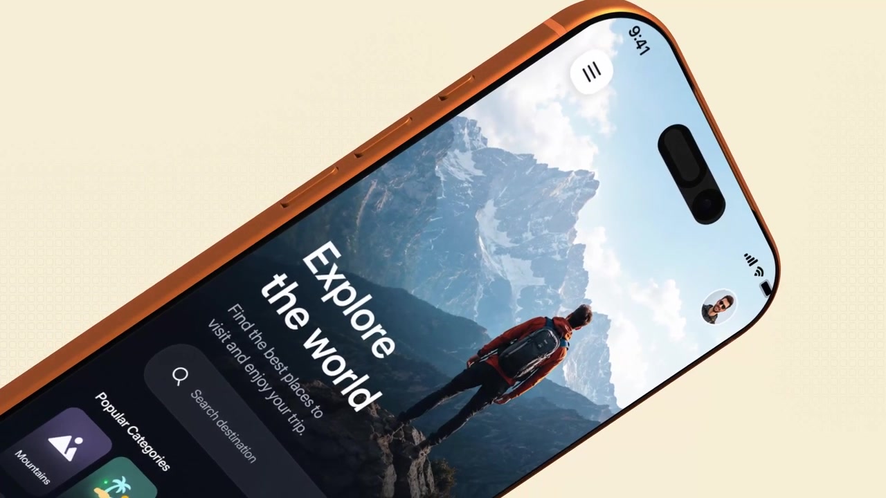 Smartphone arancione renderizzato in 3D che mostra l'interfaccia di un'app di viaggio