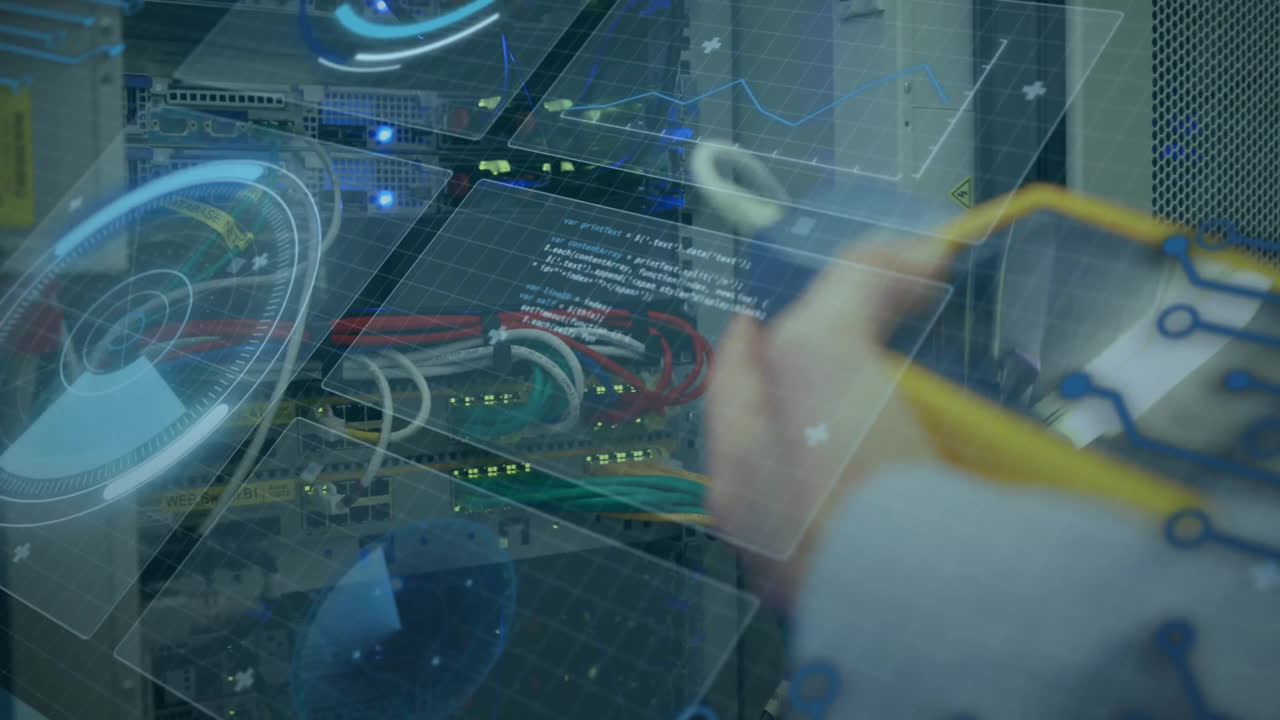 animazione della scansione della portata e dell'elaborazione dei dati su un lavoratore caucasico nella sala server