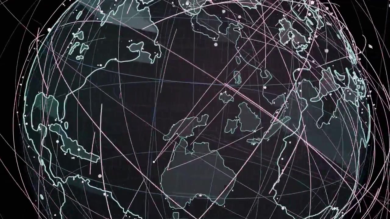 On play rotating wireframe globe on transparent background, visualizing arcs and tracing nodes
