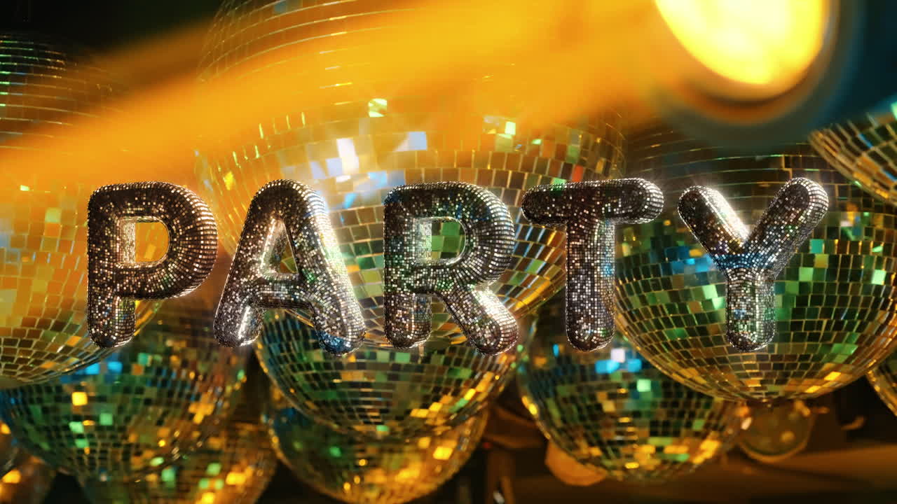Shiny 'PARTY' Letters with Colorful Disco Ball Reflections